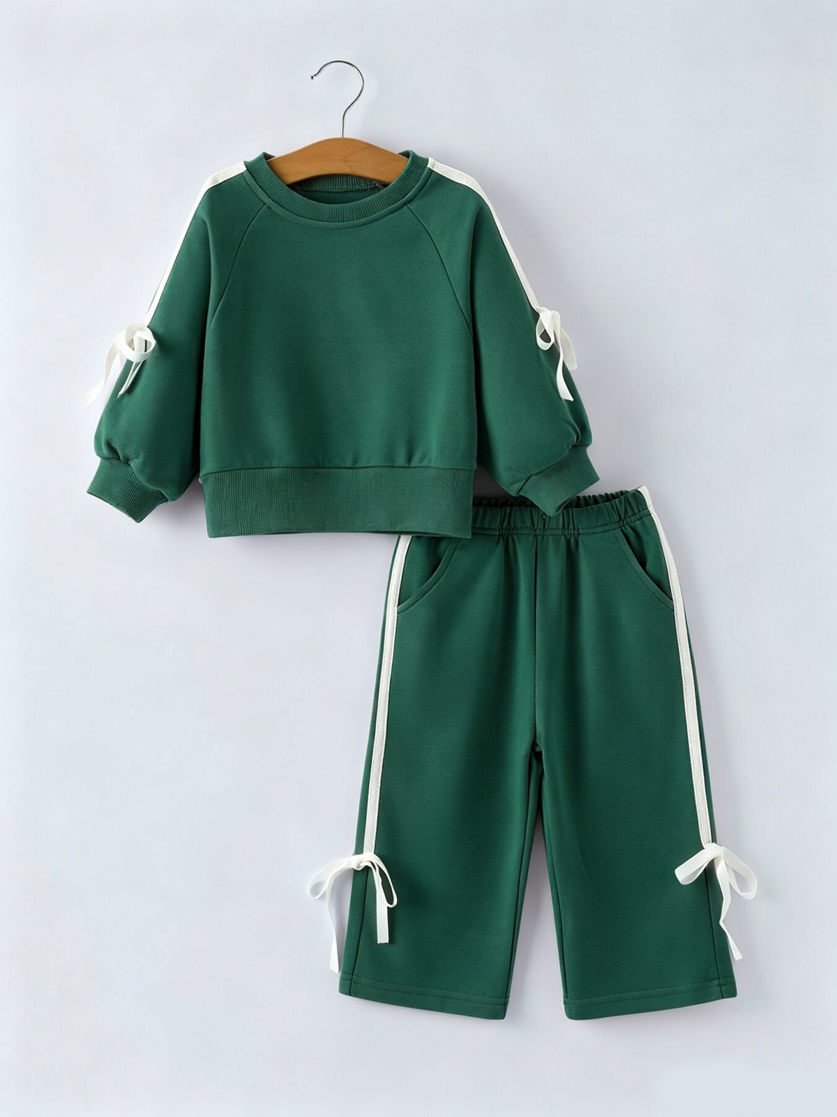 Girls Cotton Polyester Sweatshirt and Pants Set, Pink Bow Trim by Rylee Faith Designs