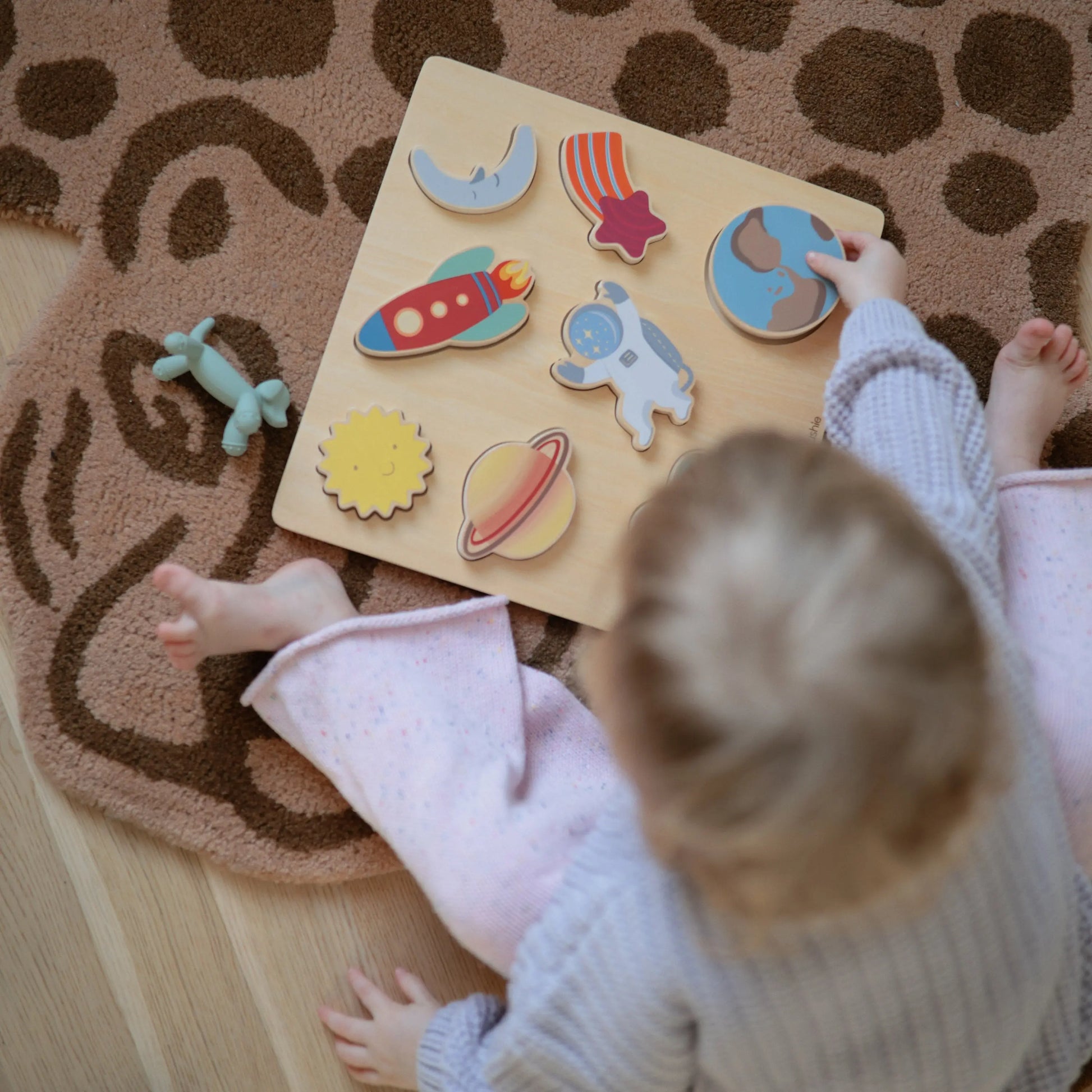 Wooden Space Puzzle for Kids with Eight Colorful Pieces and Smooth Edges Mushie