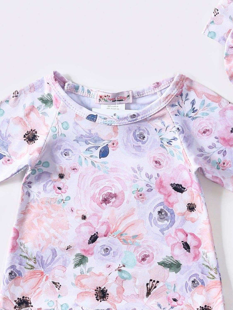 Clover Cottage - Flower Canvas Baby Gown with matching headband