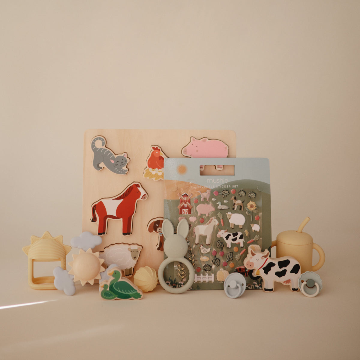 Mushie organic wooden shape puzzle, natural wood, educational baby toy.