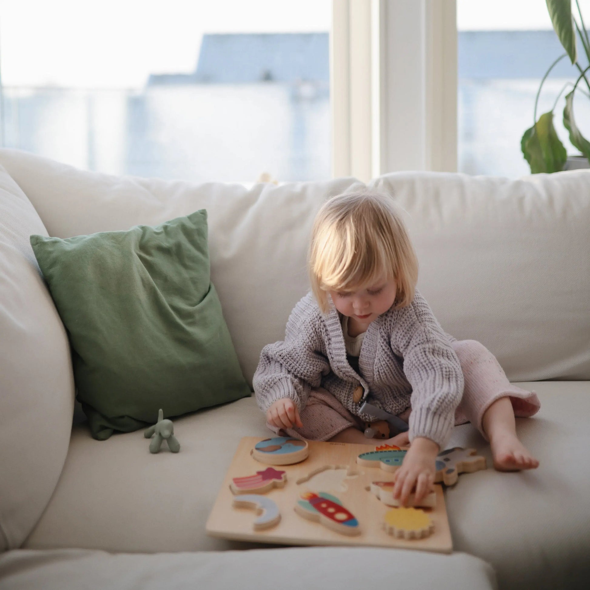 Wooden Space Puzzle for Kids with Eight Colorful Pieces and Smooth Edges Mushie