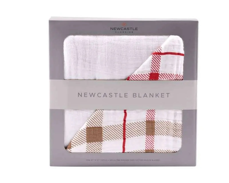 Newcastle Classics plaid cotton muslin blanket in packaging.
