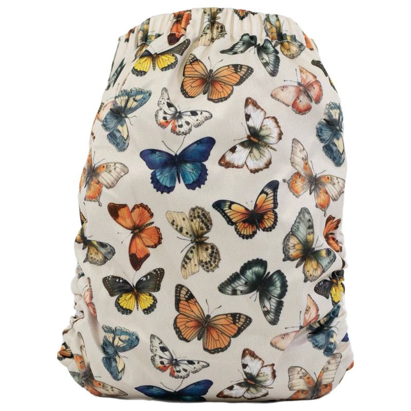 Slim Fit Pocket Cloth Diaper with butterfly print, fits 8-40lbs, featuring adjustable rise settings and easy-access pocket opening.