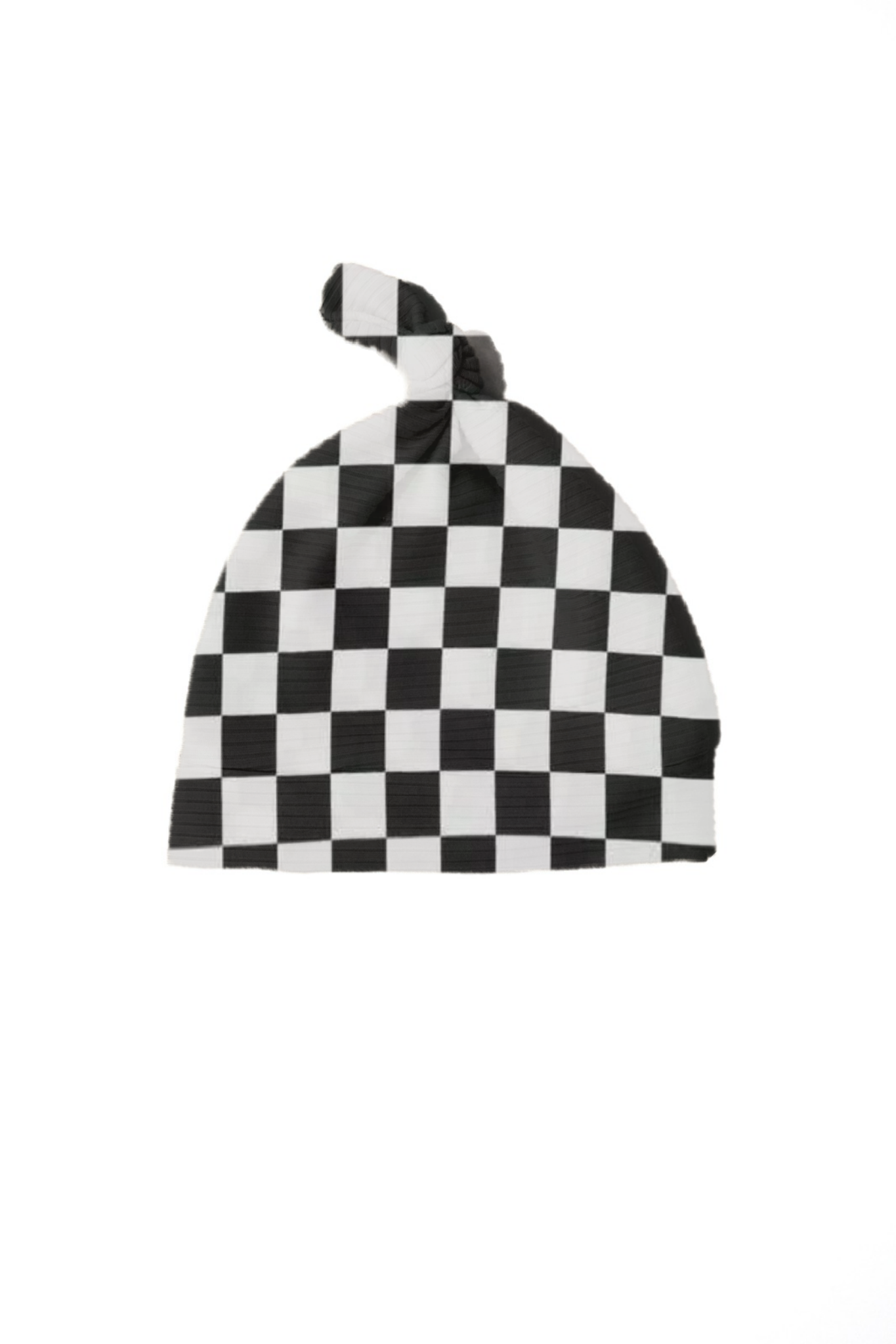 Close-up of a soft organic black and white checkered knotted baby hat by Little Mae & Co on a white background.