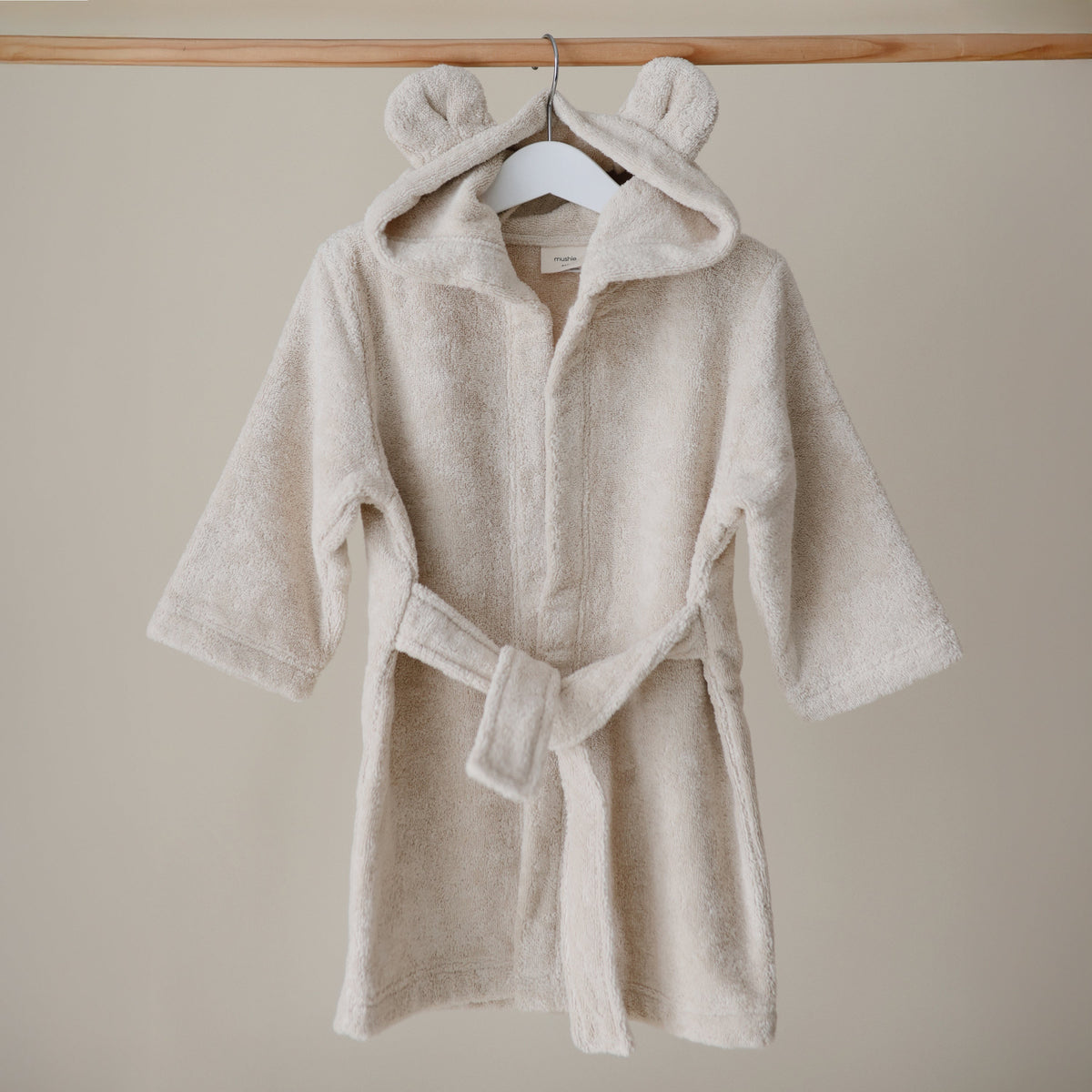 Mushie organic baby bear hooded robe, soft and cozy.