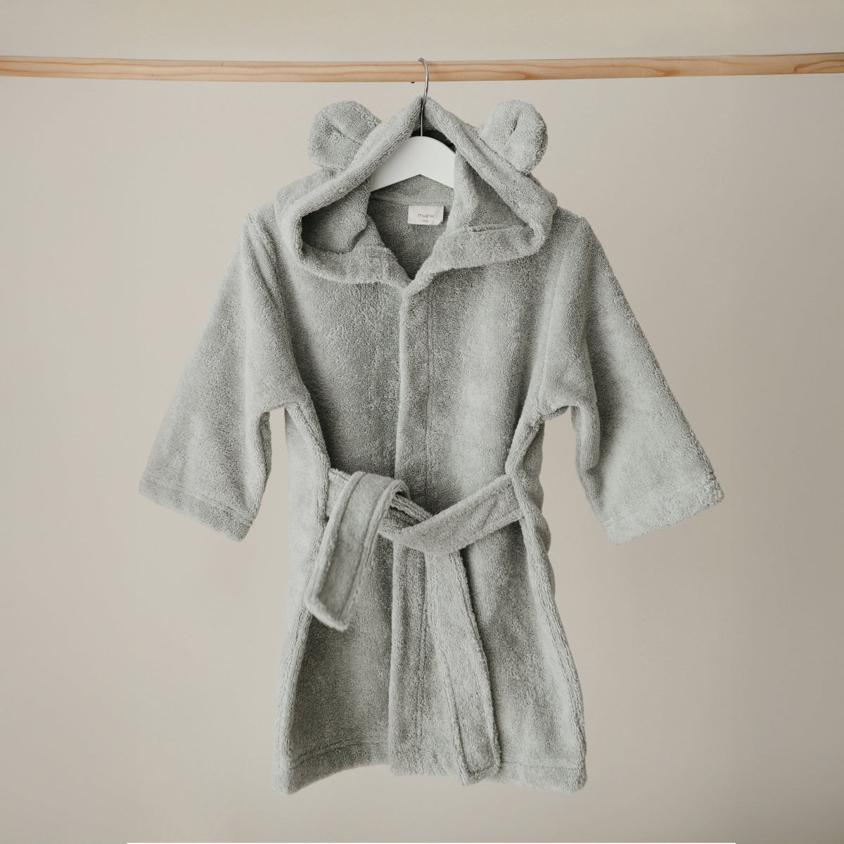Mushie baby bear hooded robe, ultra-soft organic cotton.