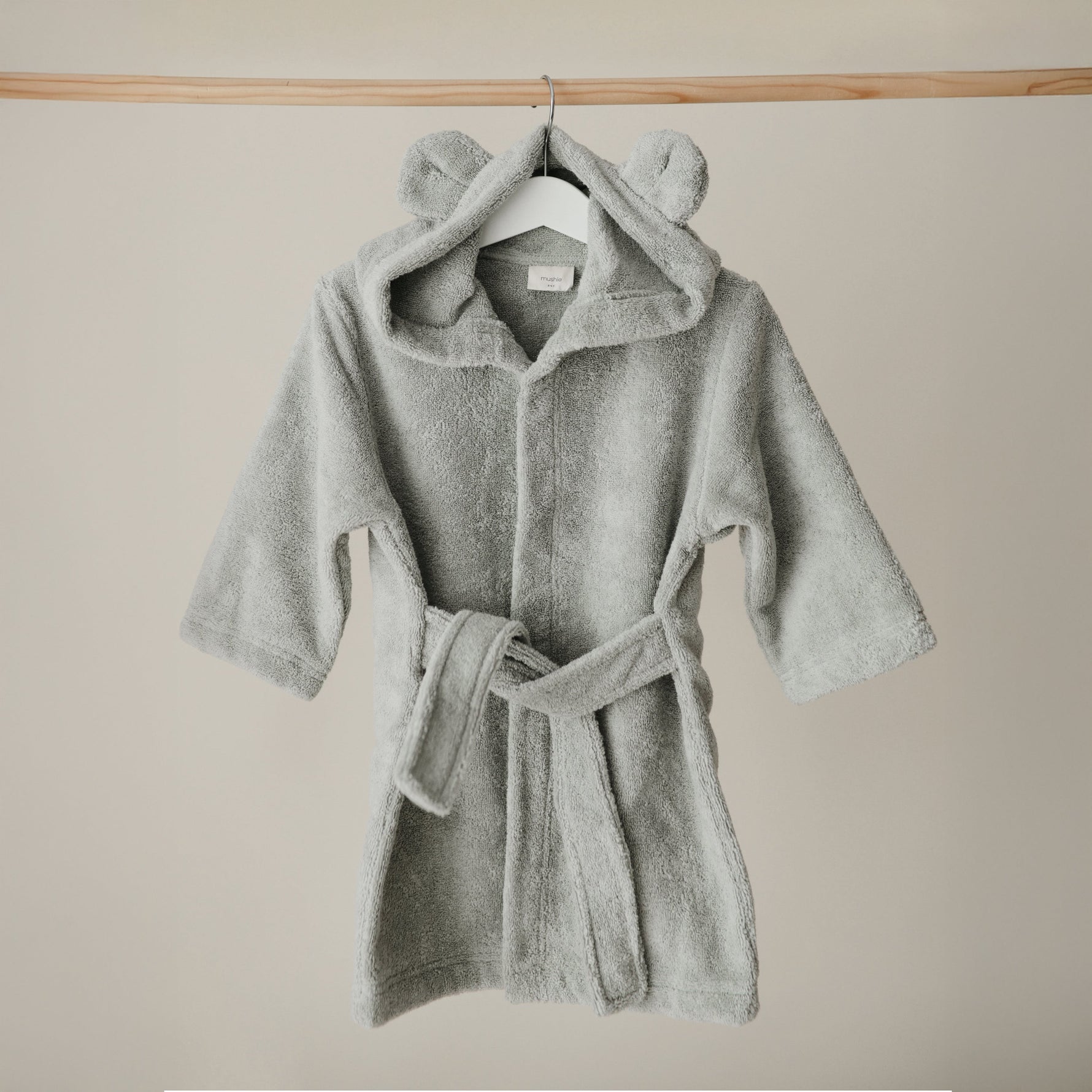 Mushie baby bear hooded robe, ultra-soft organic cotton.