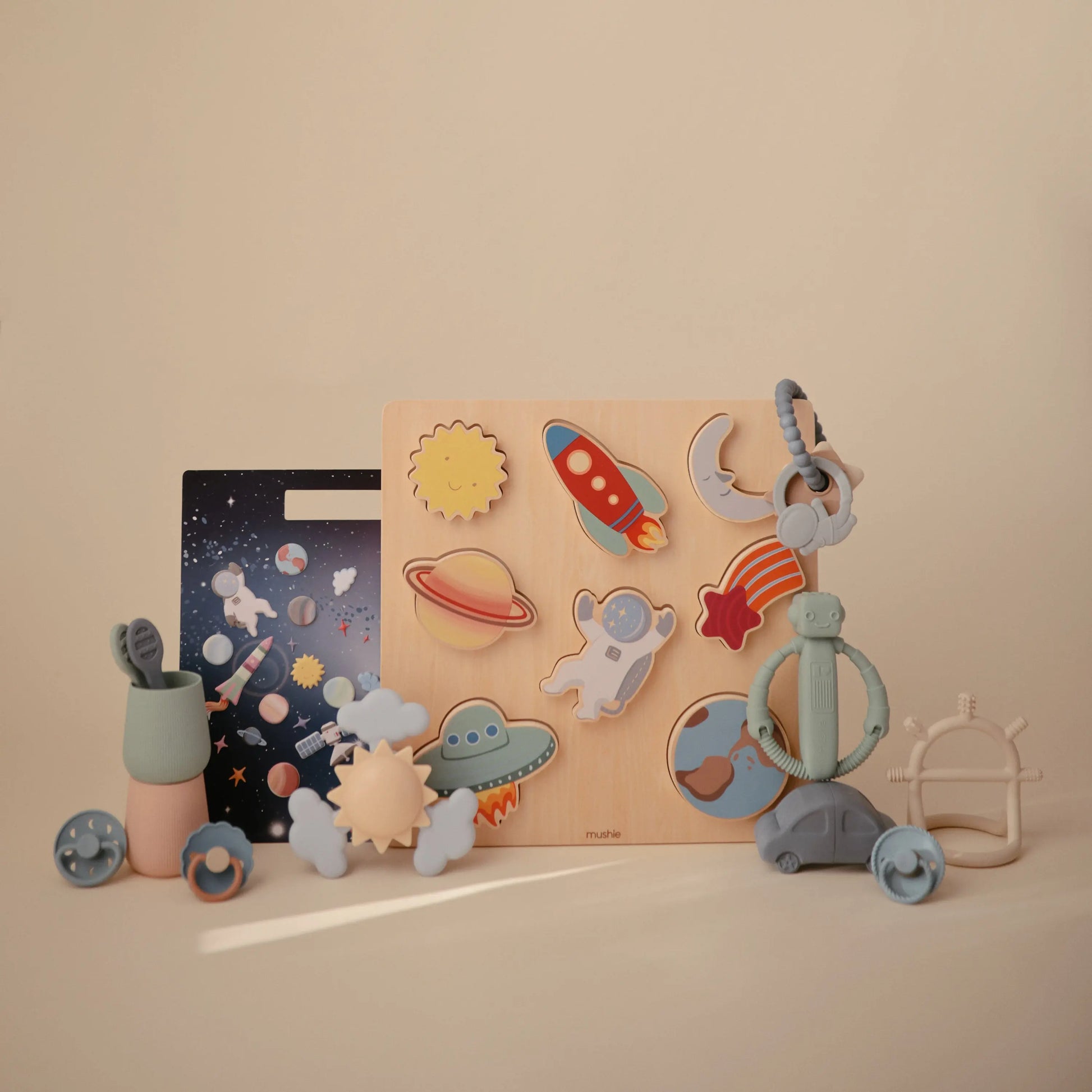 Wooden Space Puzzle for Kids with Eight Colorful Pieces and Smooth Edges Mushie