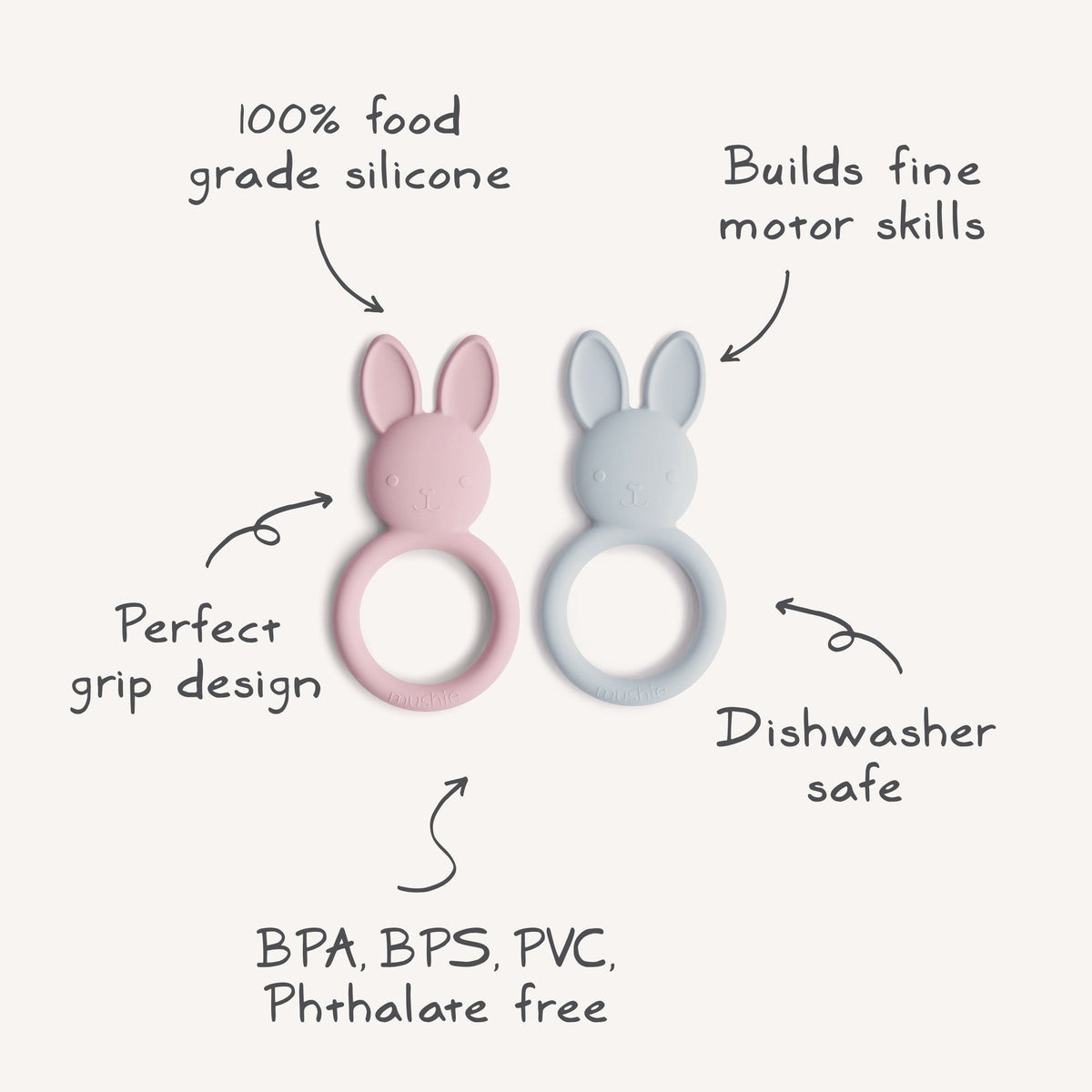 Mushie bunny teether, soft silicone for soothing baby gums.