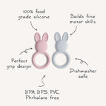 Mushie bunny teether, soft silicone for soothing baby gums.