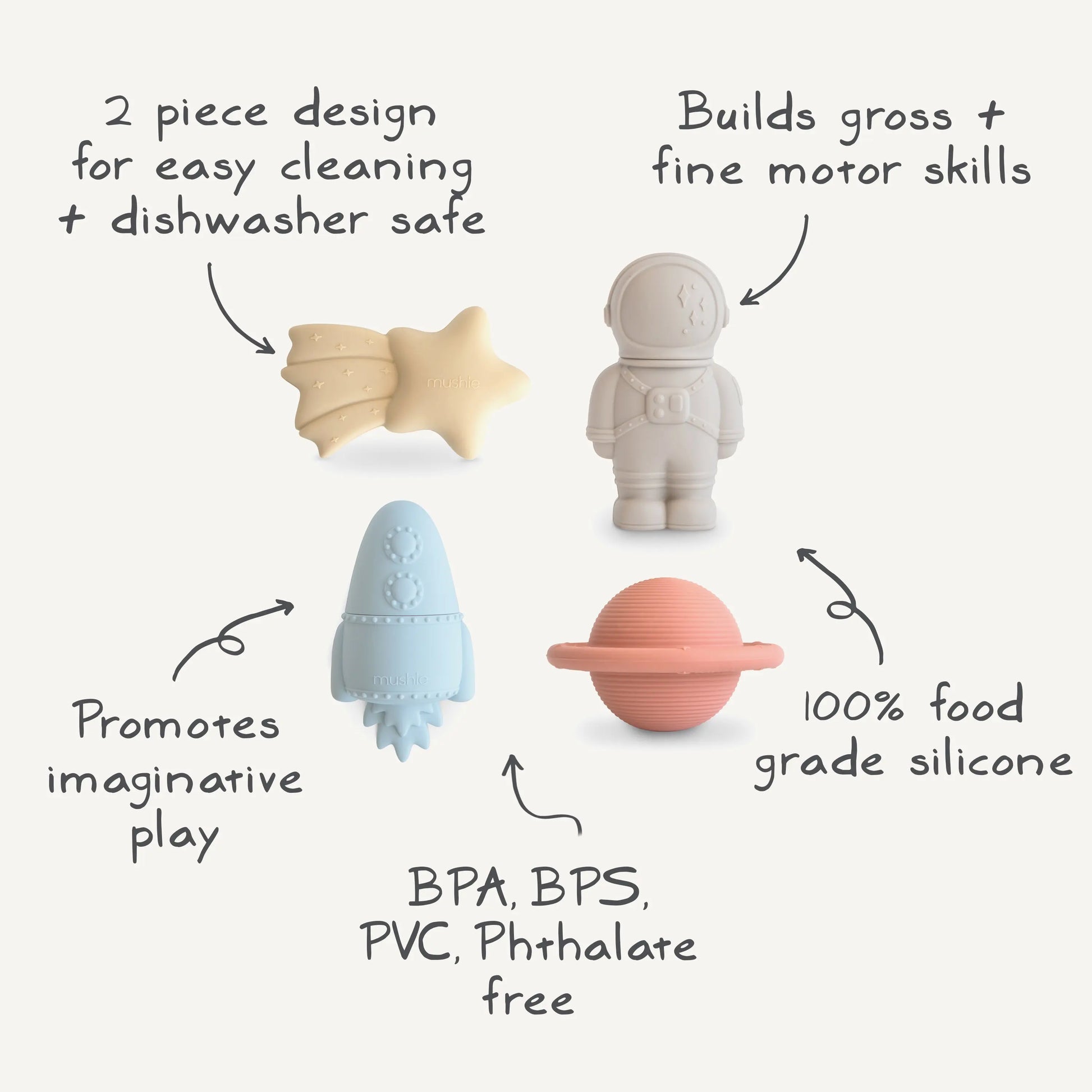 Space Mold Free Bath Play Set with Planet Astronaut Rocket Ship and Shooting Star Mushie