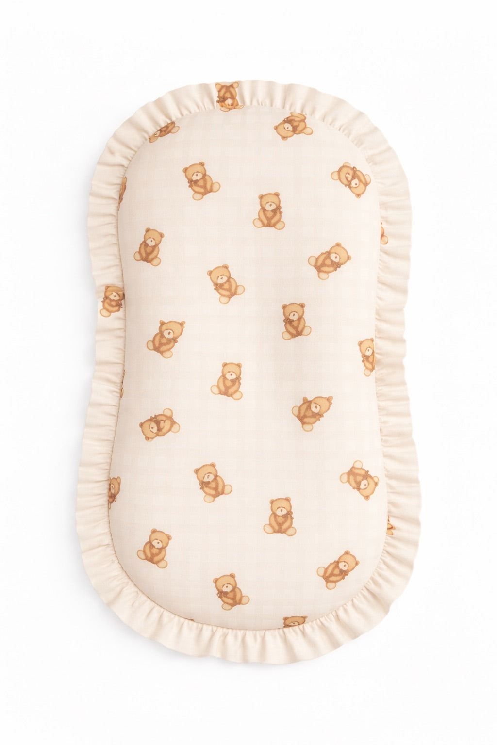 Beige teddy bear print and white gingham baby lounger cover with a ruffle top edge.