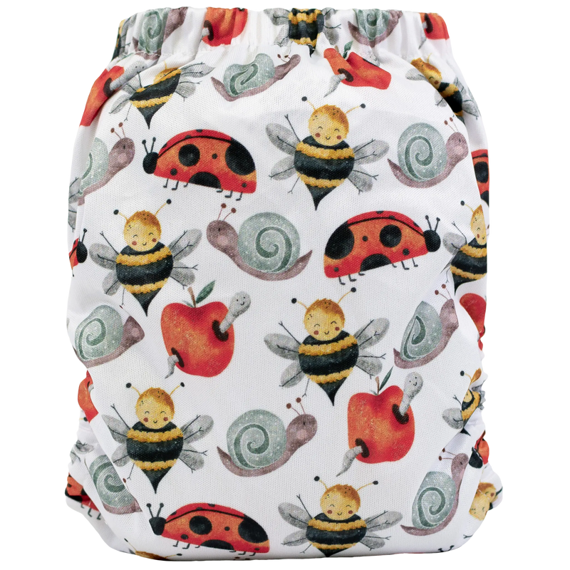 Slim fit pocket cloth diaper with playful bee, ladybug, snail, and apple print.