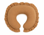 Solid brown nursing pillow cover with ruffle trim, shaped to fit a standard curved nursing pillow