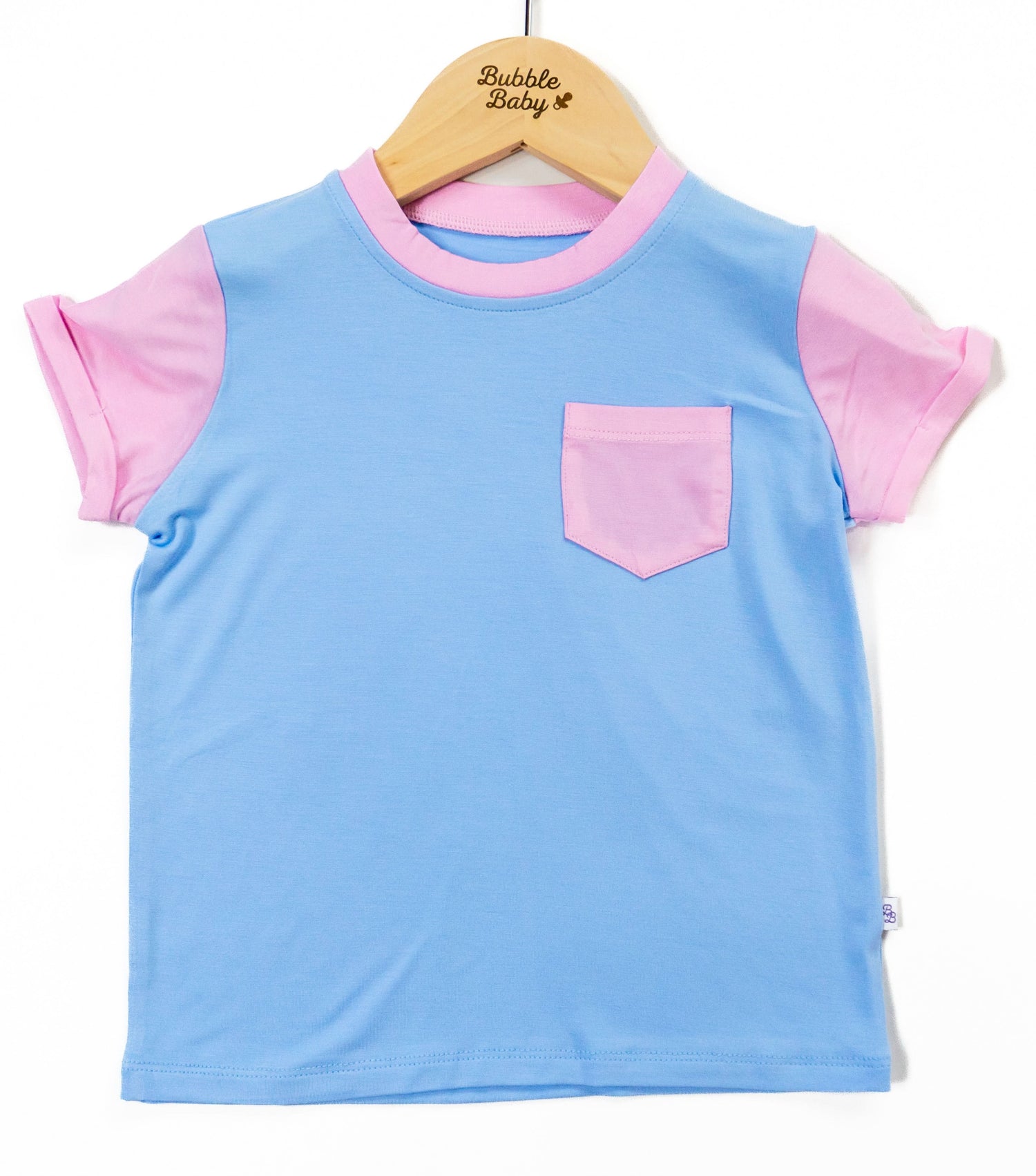 Children's colorblock shirt in sky blue and soft petal pink