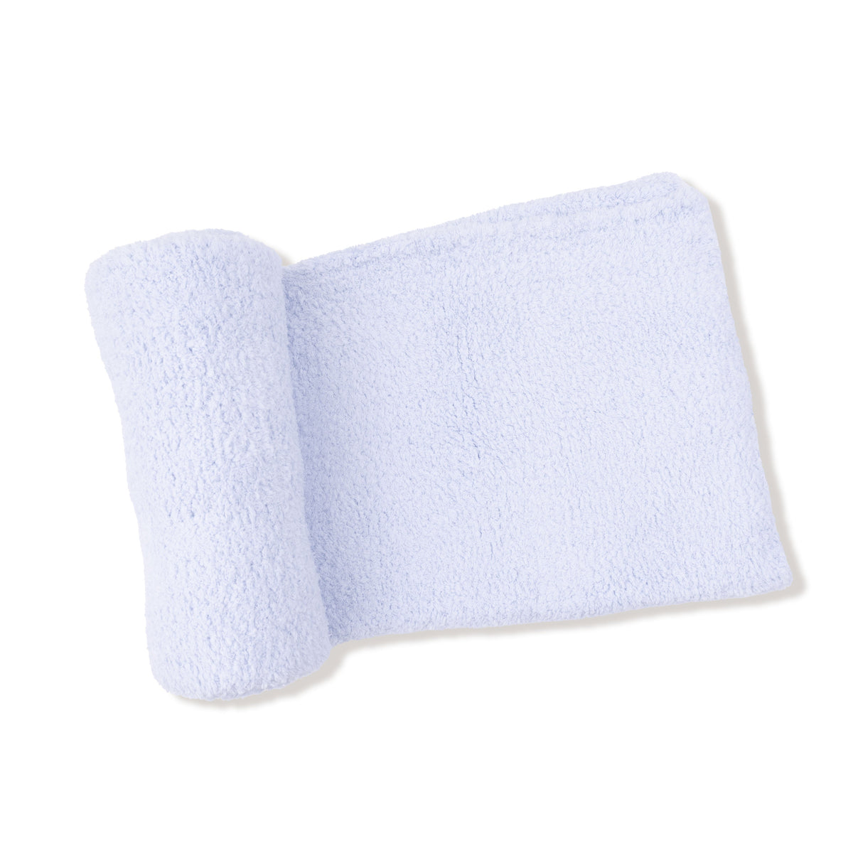 Light blue plush chenille baby blanket laid flat in a square