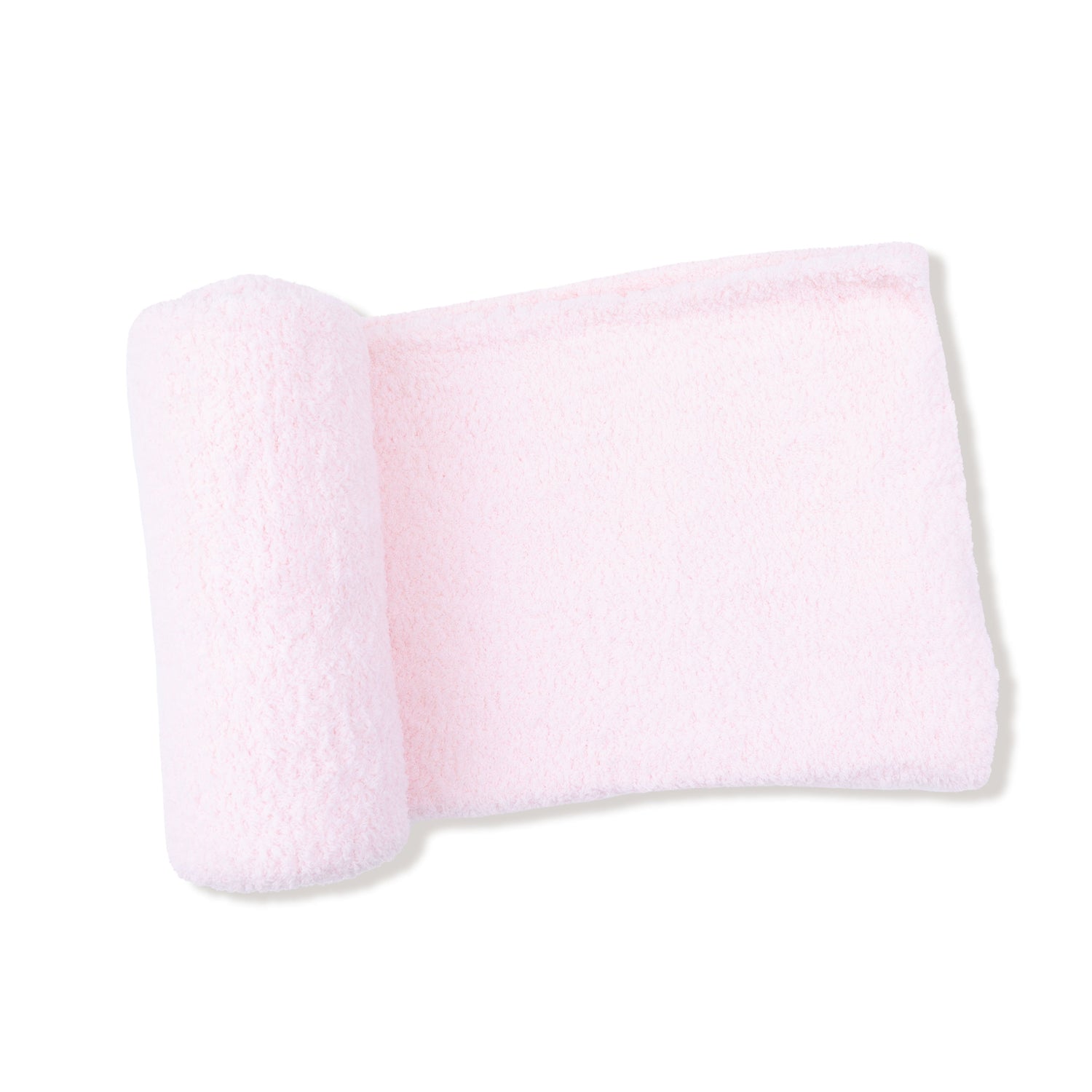 Pink chenille baby blanket in a soft plush texture, square shape sized for strollers and tummy time.