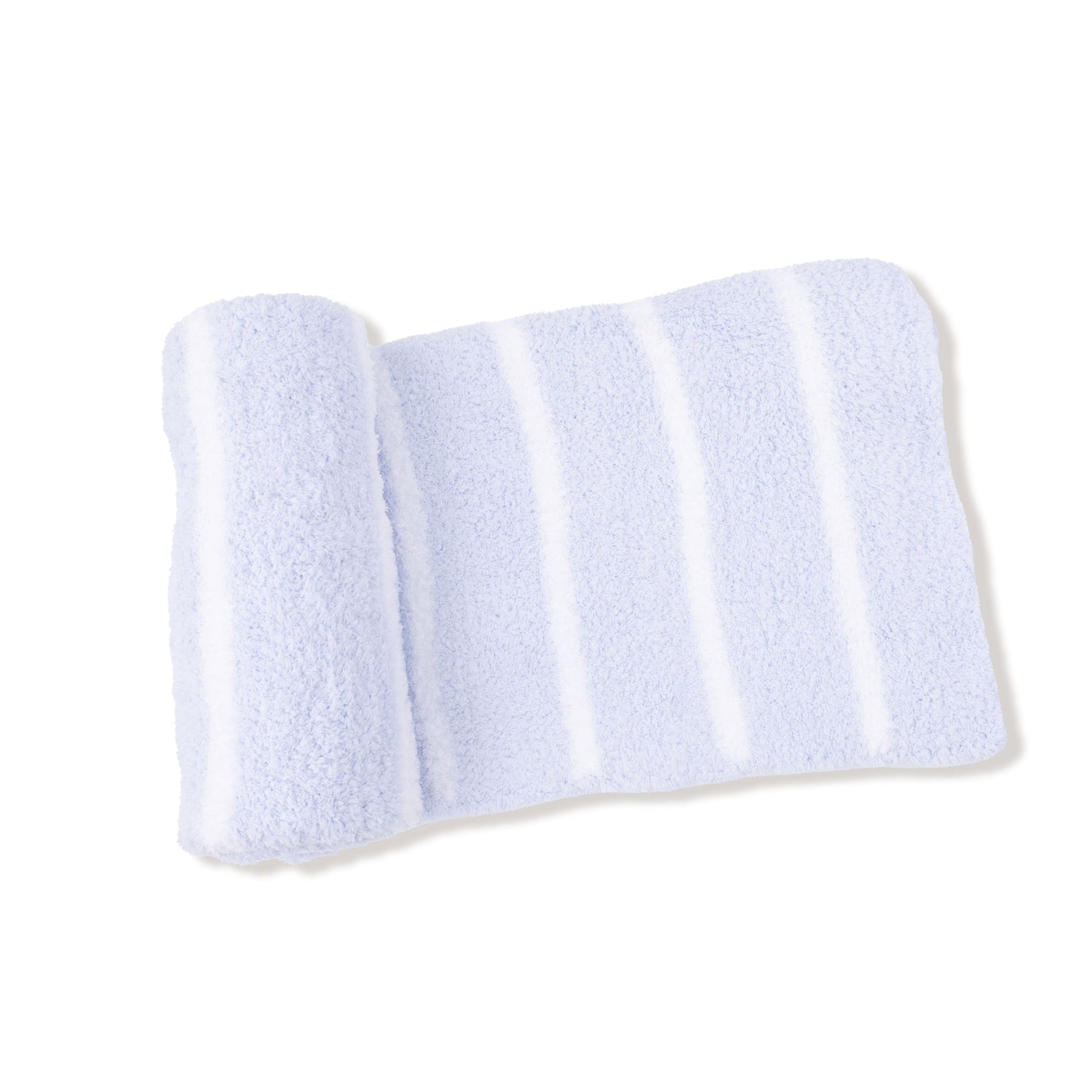 Chenille baby stroller blanket with light blue and ivory stripes, square shape.