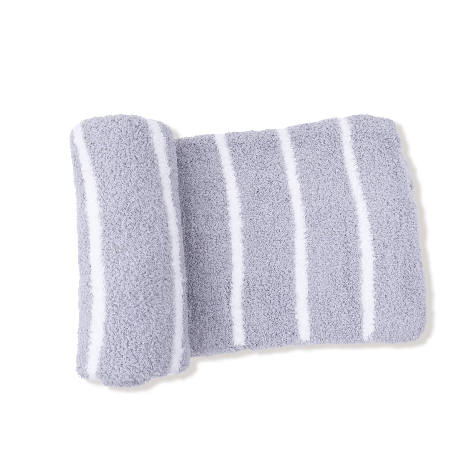 Chenille baby blanket with grey and ivory stripes, laid flat and folded at one corner.
