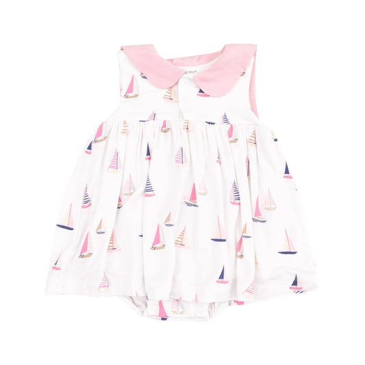 Sailor Bodysuit Dress With Embroidery Sailboats Pink.