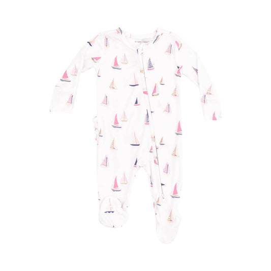 2 Way Zipper Ruffle Back Footie Sailboats Pink.