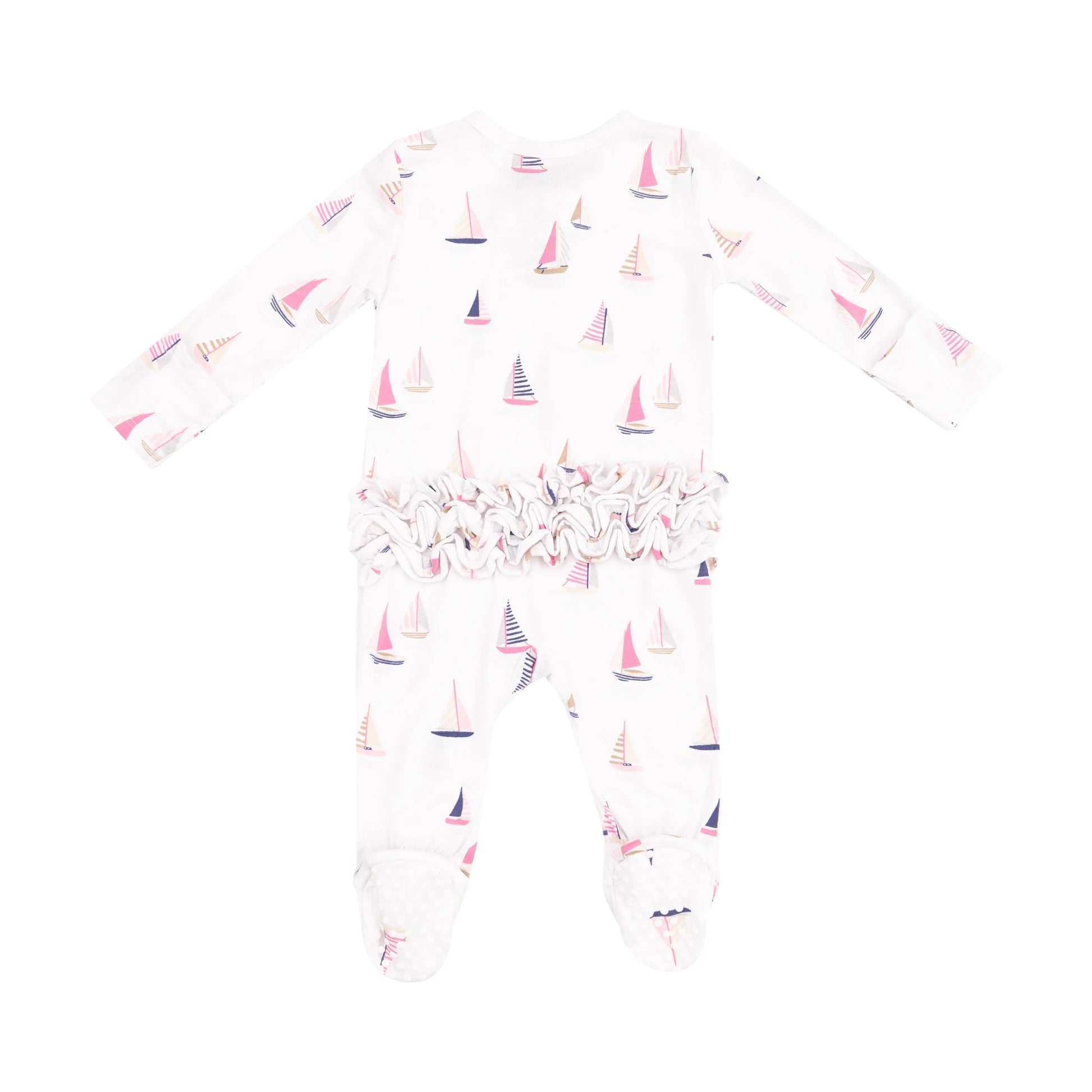 2 Way Zipper Ruffle Back Footie Sailboats Pink.