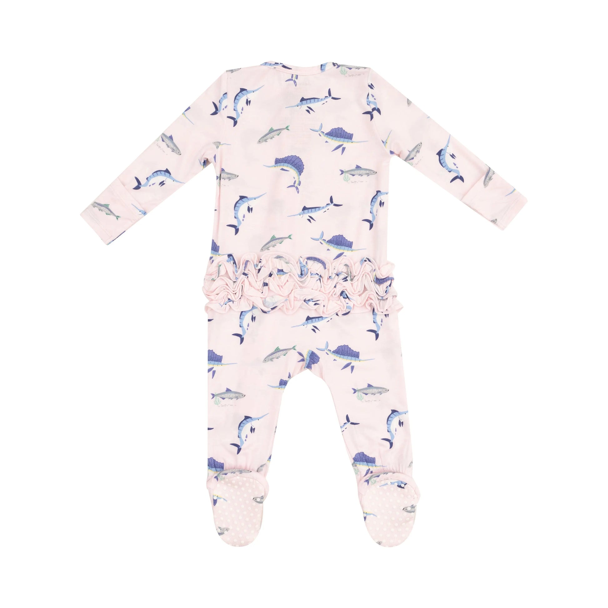 2 Way Zipper Ruffle Back Footie Deep Sea Fishing Pink.