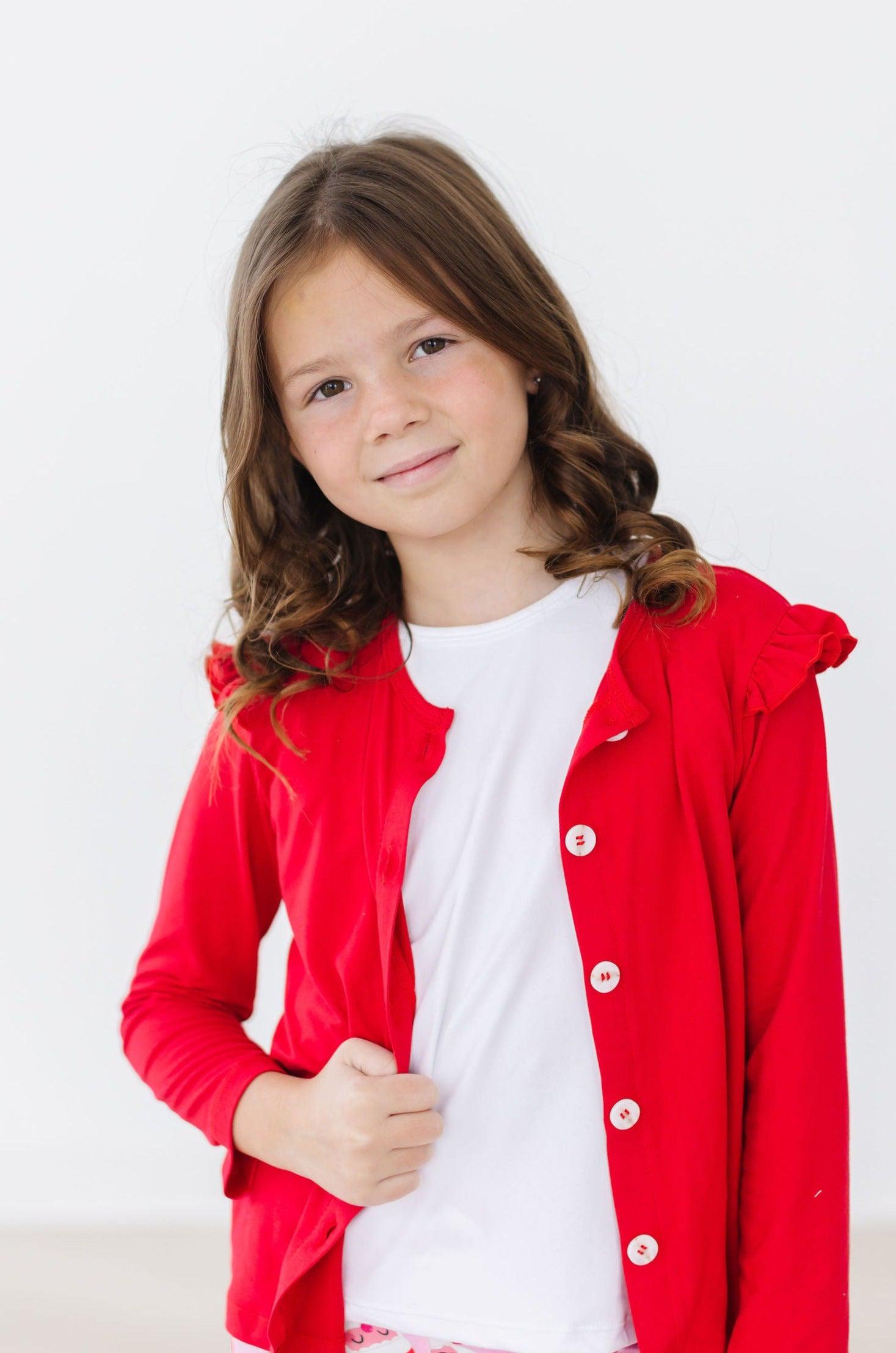 Mila & Rose ® Red Ruffle Cardigan For Girls Lightweight Layering Wardrobe - Apparel & Accessories > Clothing > Clothing Tops > Cardigans Ruffle Cardigan