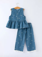 Spring Bow Dot Denim Ruffle Top and Pants Set 3/4 Pants by Rylee Faith Designs