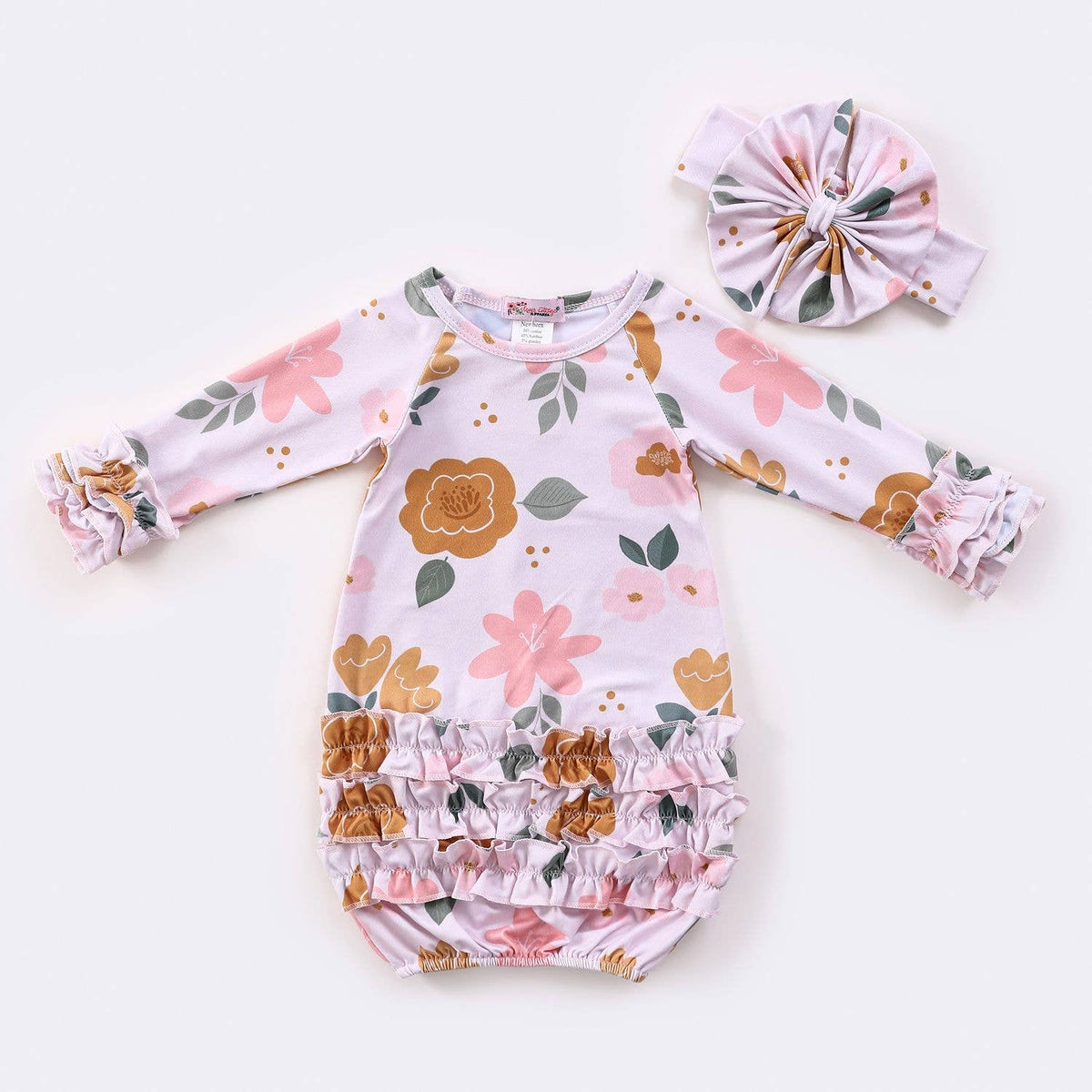 Clover Cottage organic bamboo cotton newborn gown and matching headband.
