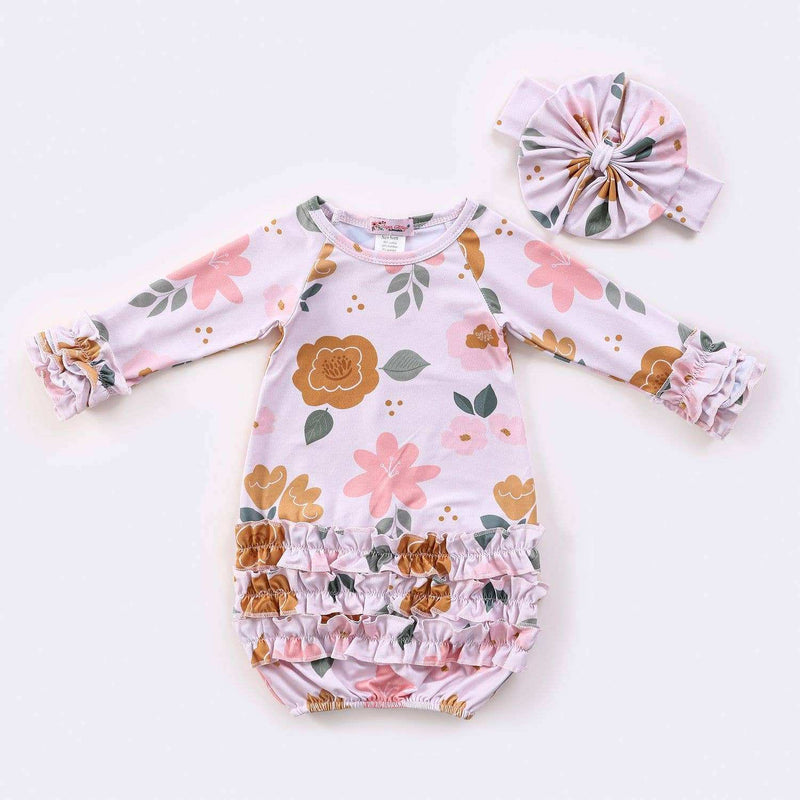 Clover Cottage - Blush Blooms Baby Gown with matching headband