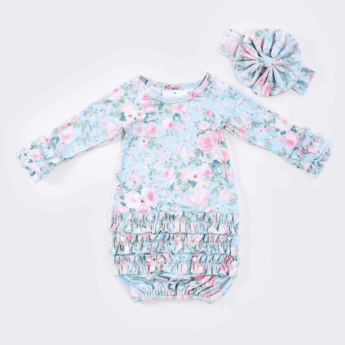 Clover Cottage newborn baby gown, rosebud mint, with matching headband.