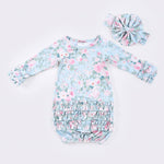 Clover Cottage newborn baby gown, rosebud mint, with matching headband.