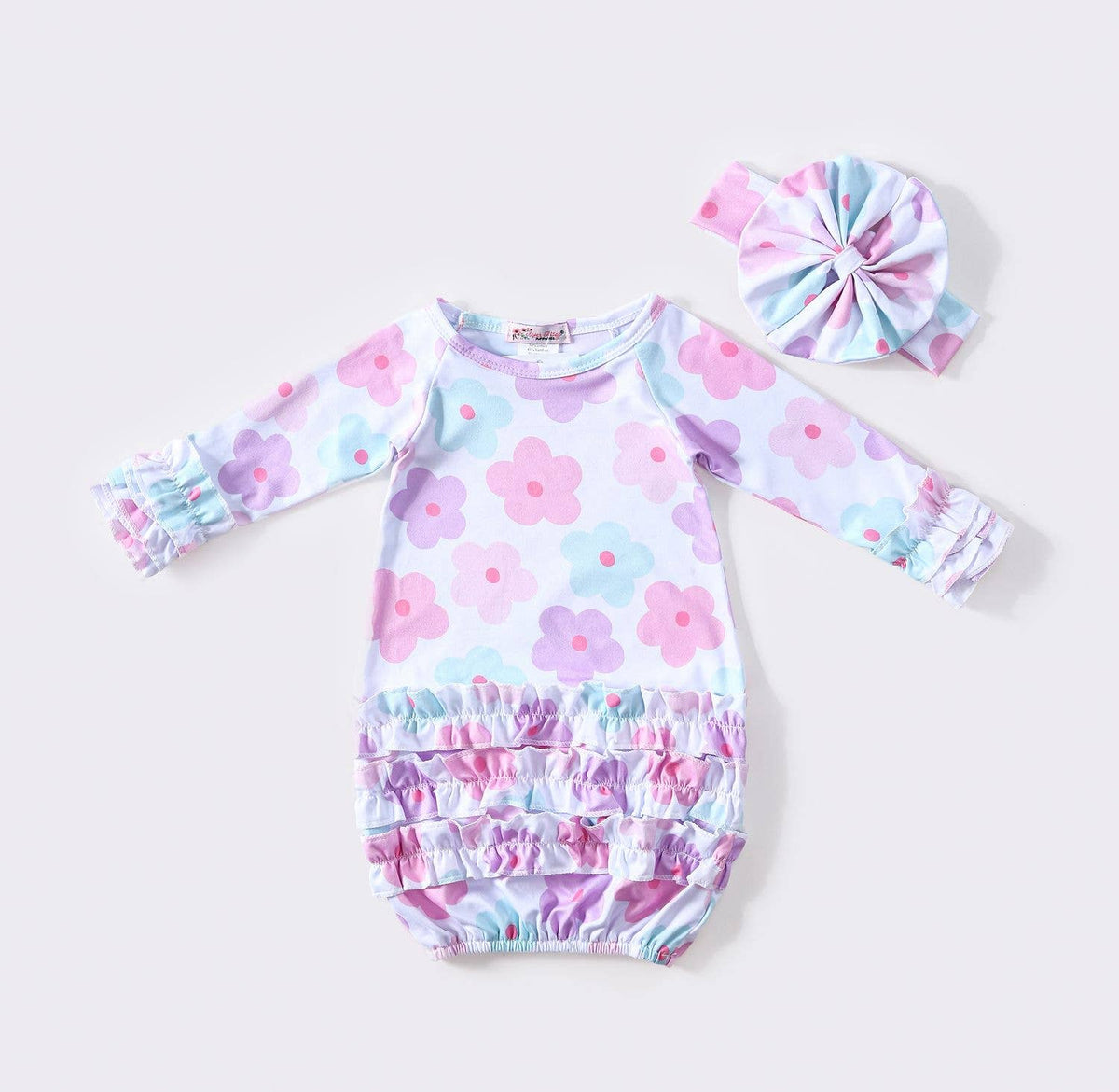 Clover Cottage soft bamboo cotton newborn baby gown with headband.