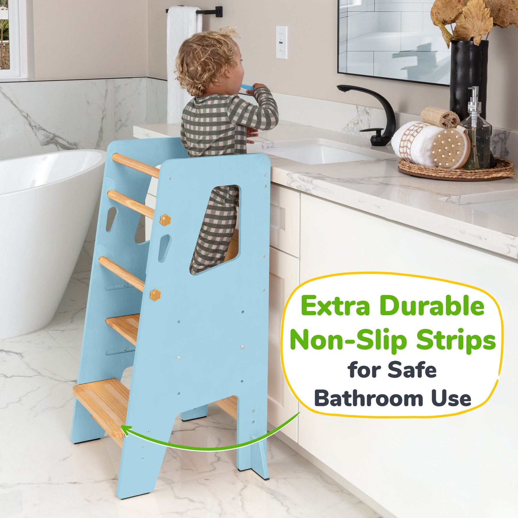 Adjustable Ocodile toddler kitchen tower with safety bars.