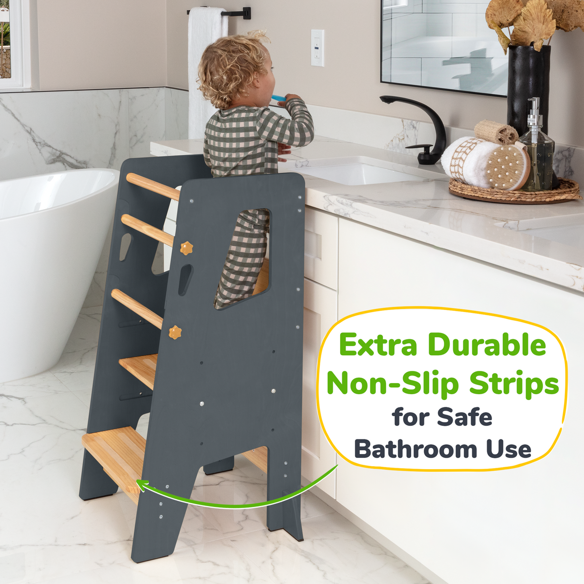 Organic Ocodile adjustable toddler kitchen tower with safety bars.