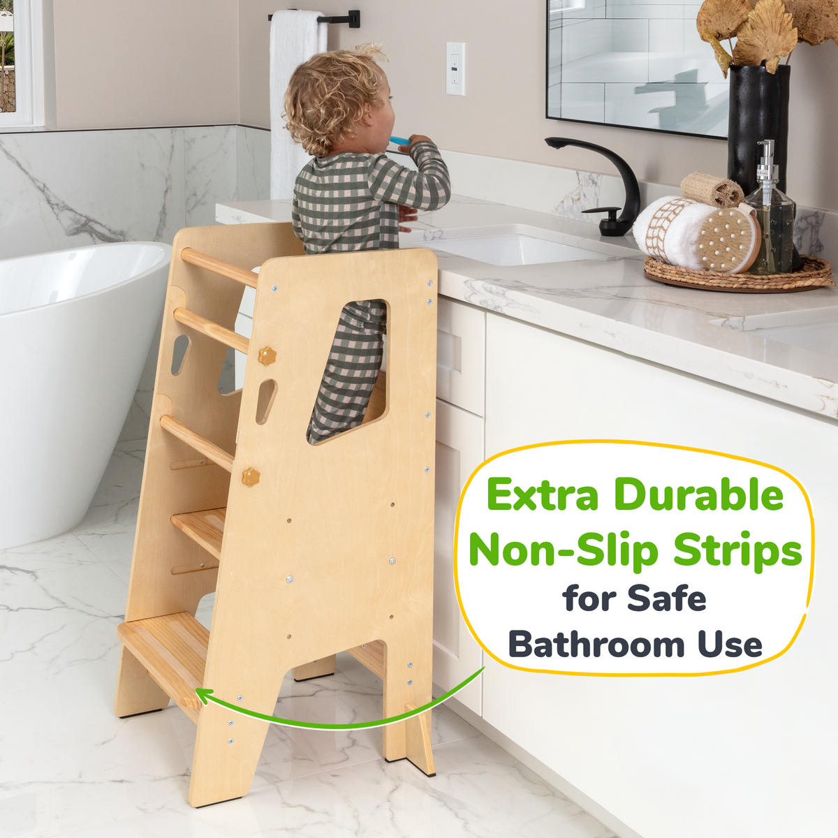 Ocodile adjustable toddler kitchen tower, natural wood, safety bars.