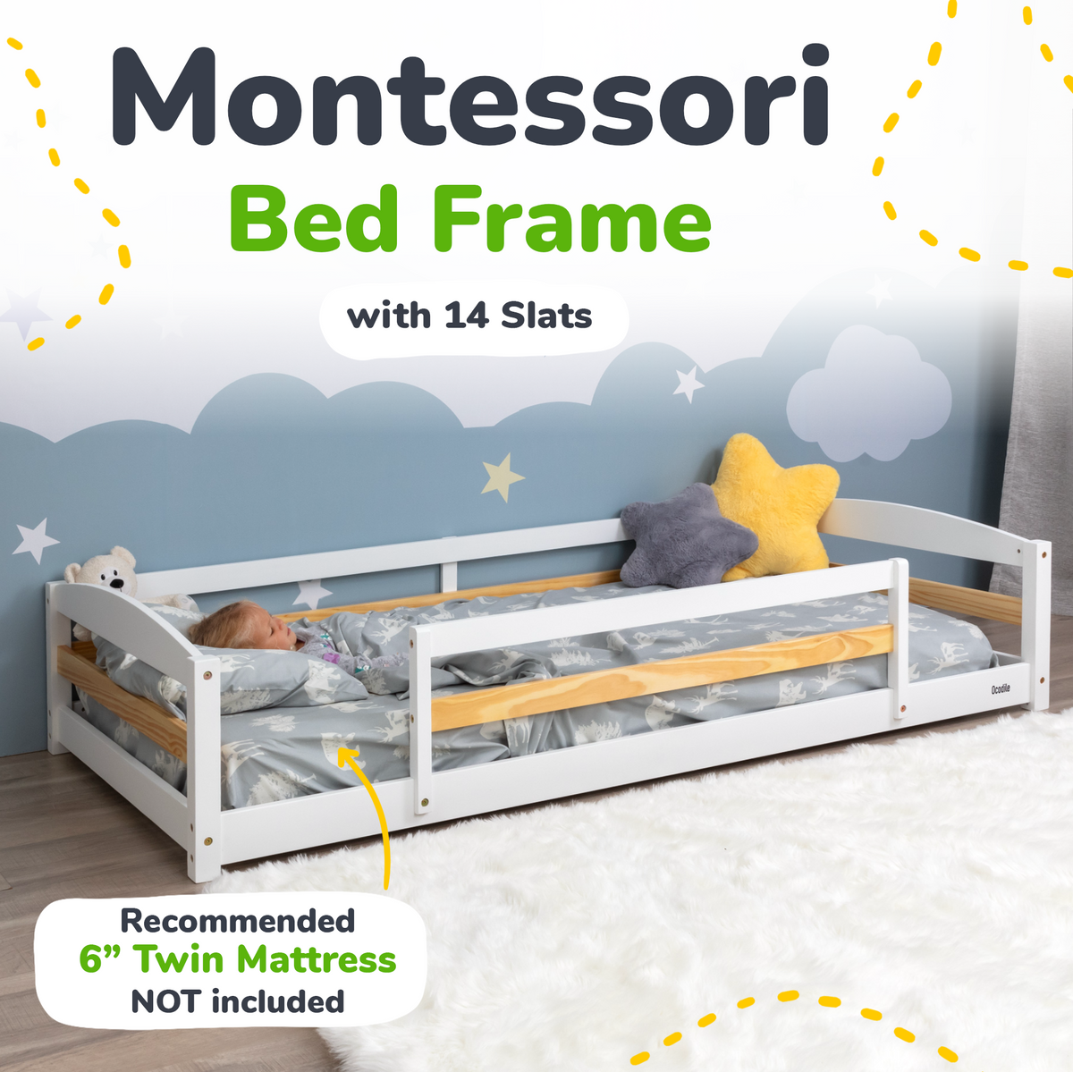 Twin Size Montessori-Inspired Floor Bed with Safety Guardrails for Kids by Ocodile.com
