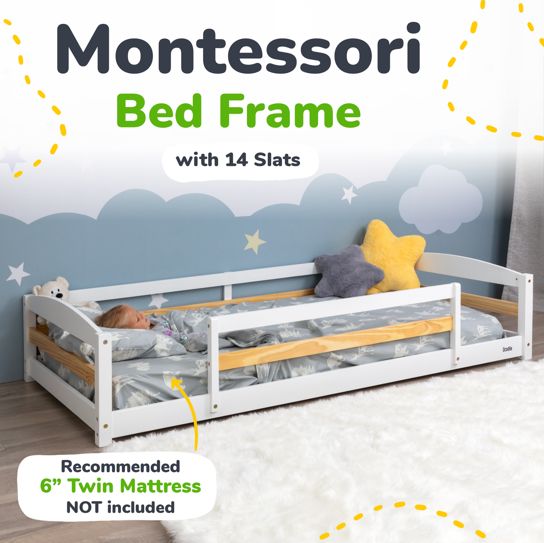 Twin Size Montessori-Inspired Floor Bed with Safety Guardrails for Kids by Ocodile.com