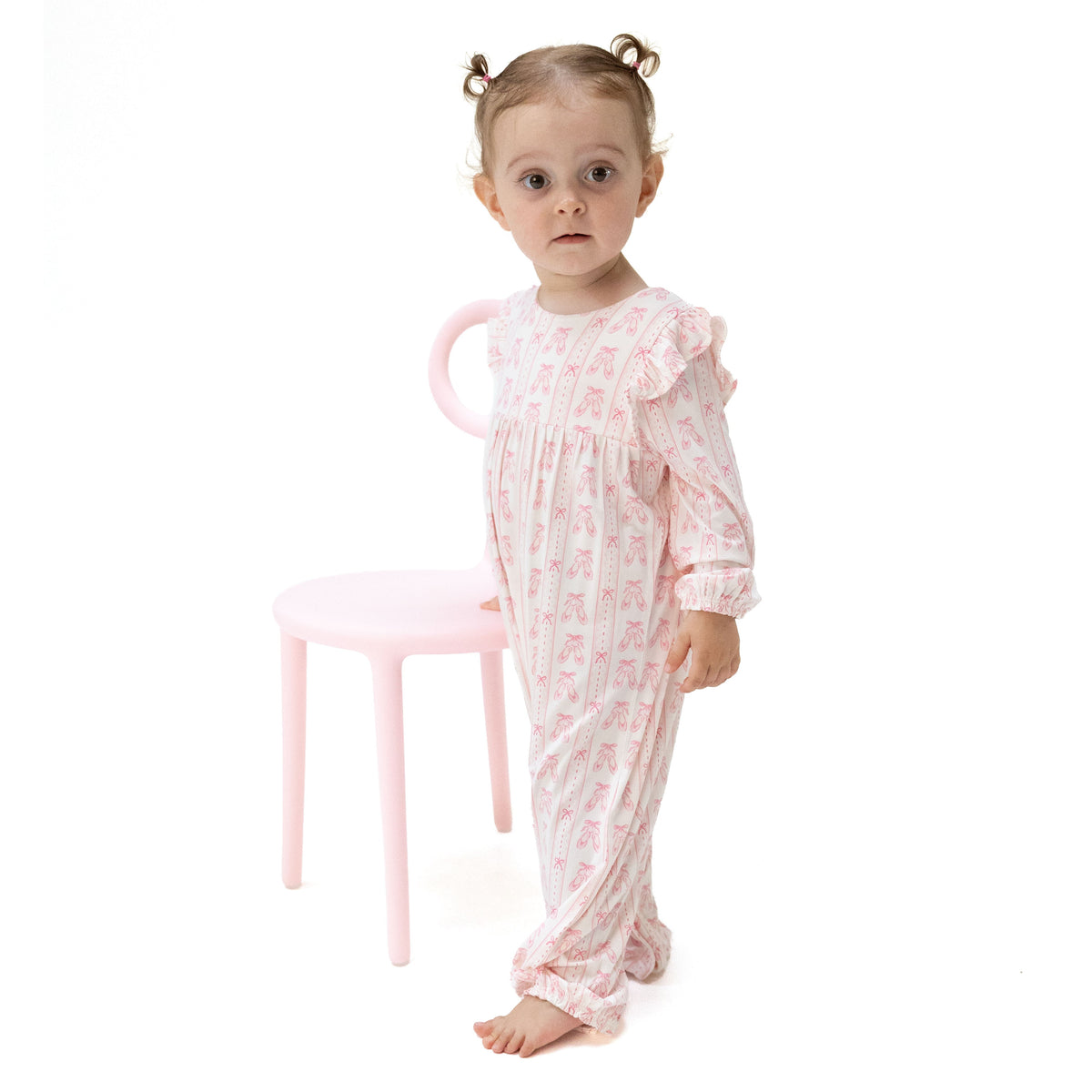 Ruffle sleeve baby romper with ballet shoes ribbon stripe design and snap closures