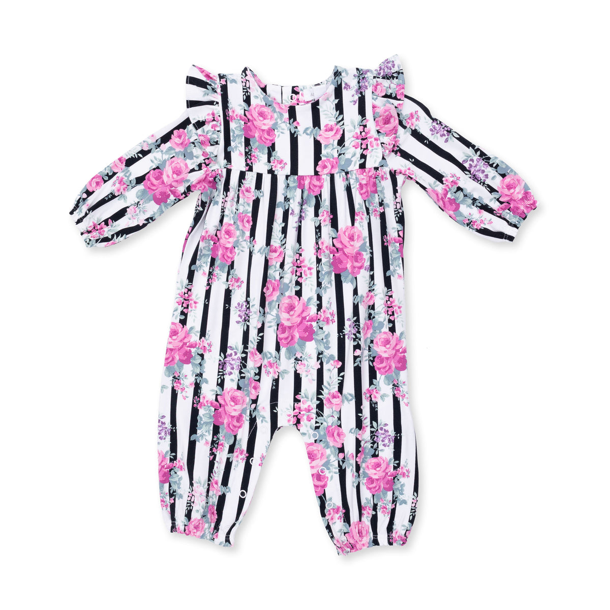 Cabbage Rose Stripe - Ruffle Sleeve Snap Romper by Angel Dear