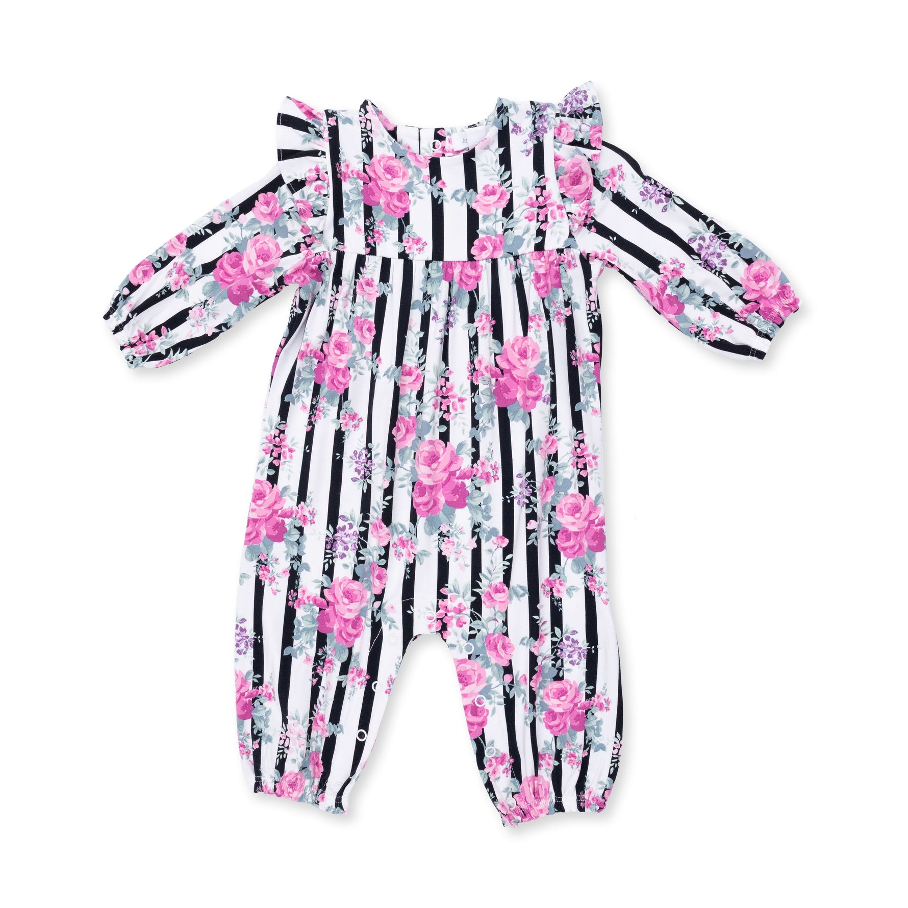 Cabbage Rose Stripe - Ruffle Sleeve Snap Romper by Angel Dear