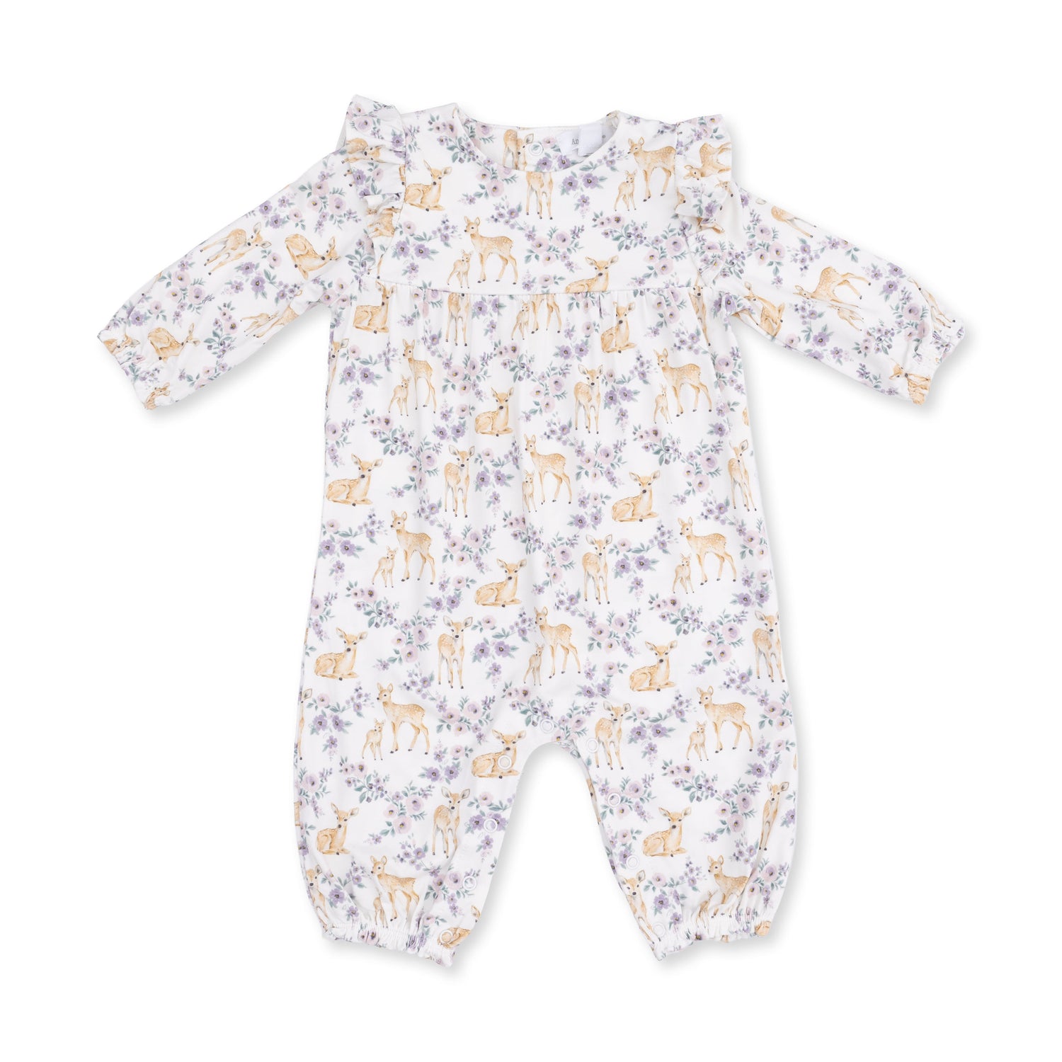 Baby romper with ruffle sleeves in a floral deer print with snap closures at the legs