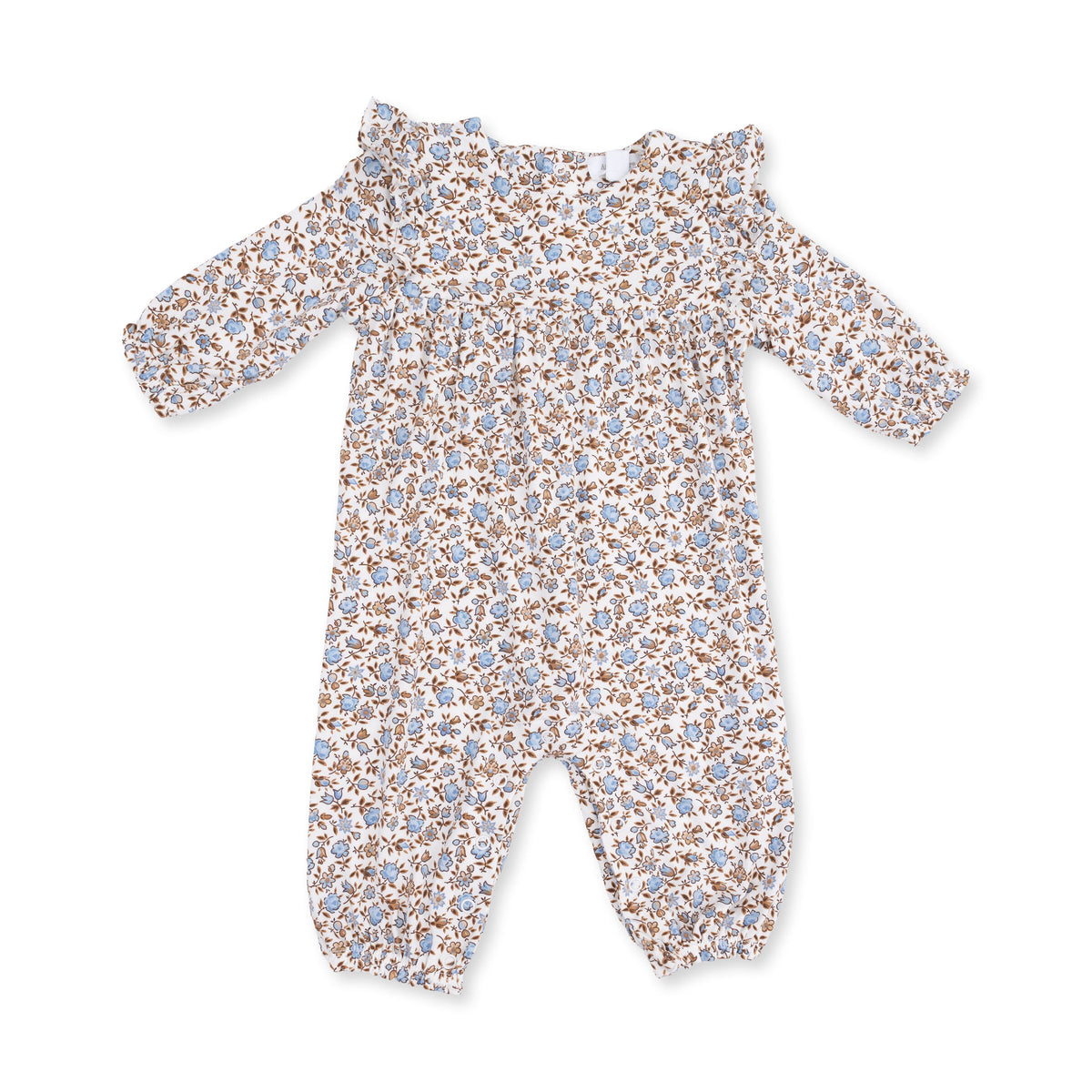 Baby romper in Hazel floral print with ruffle sleeves and snap closures at the legs