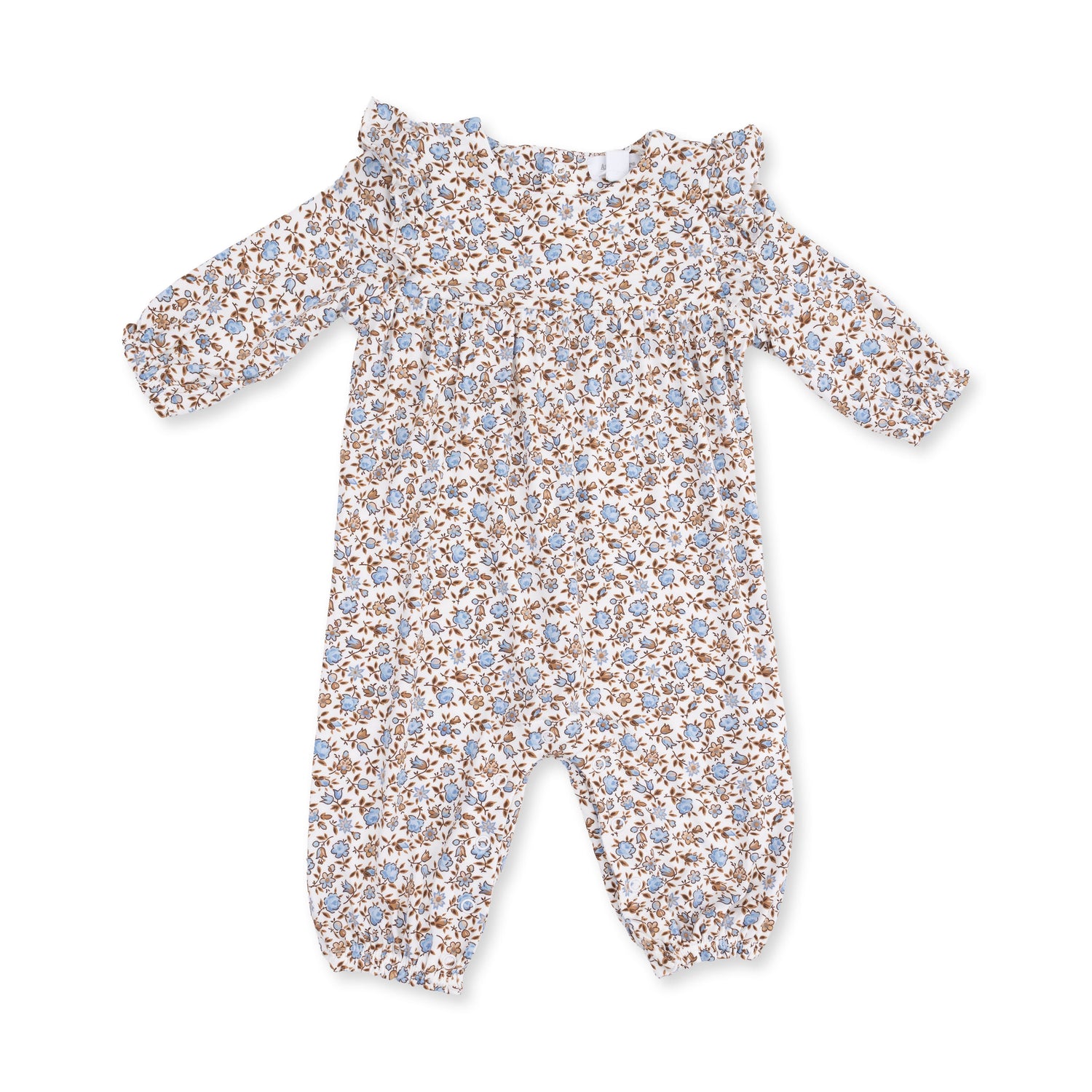 Baby romper in Hazel floral print with ruffle sleeves and snap closures at the legs