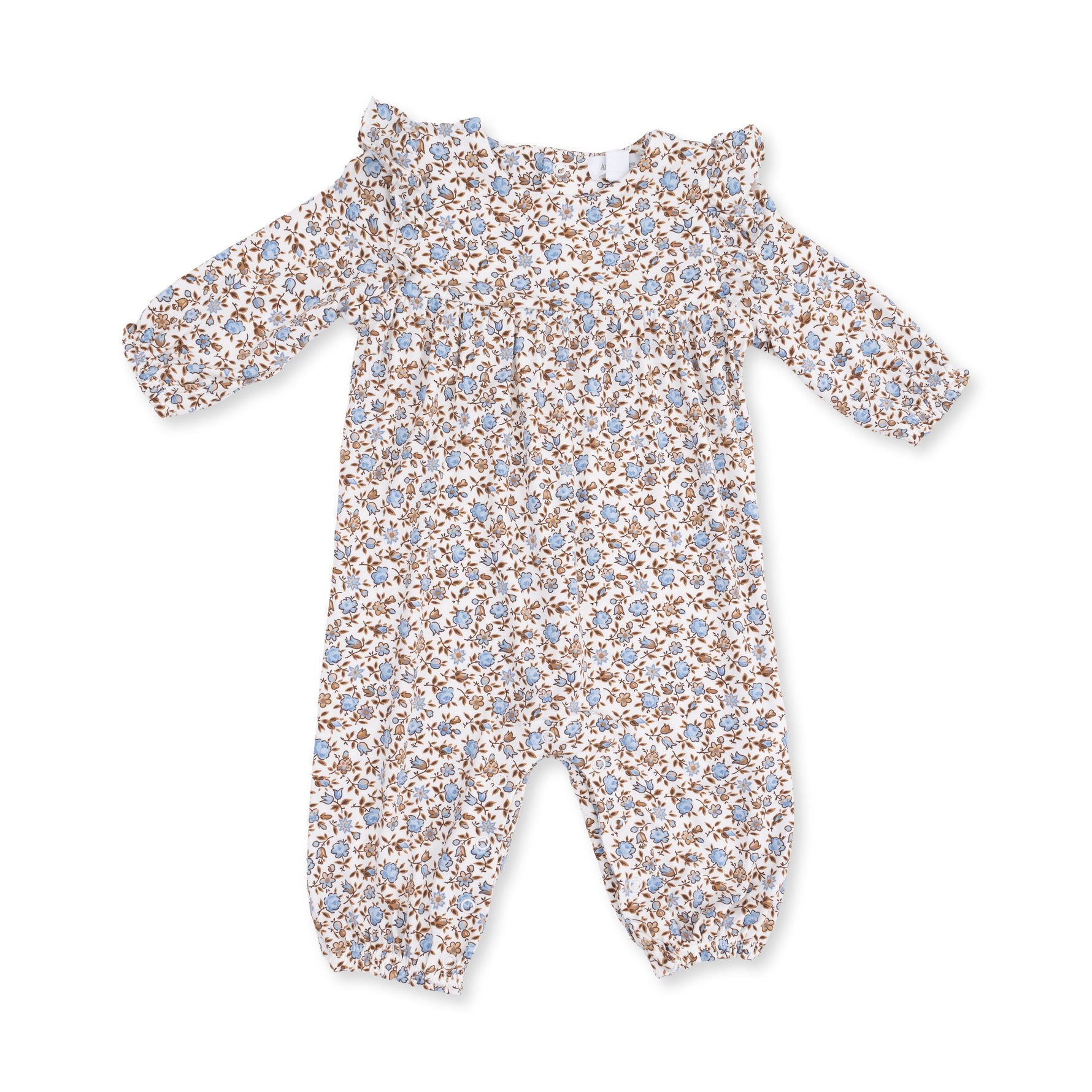 Baby romper in Hazel floral print with ruffle sleeves and snap closures at the legs