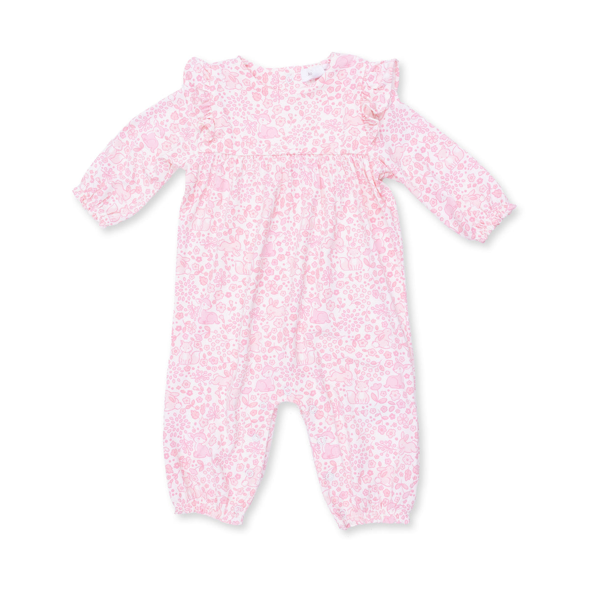 Baby romper with woodland animal print, ruffle sleeves, and snap closures at the legs