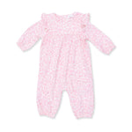 Baby romper with woodland animal print, ruffle sleeves, and snap closures at the legs