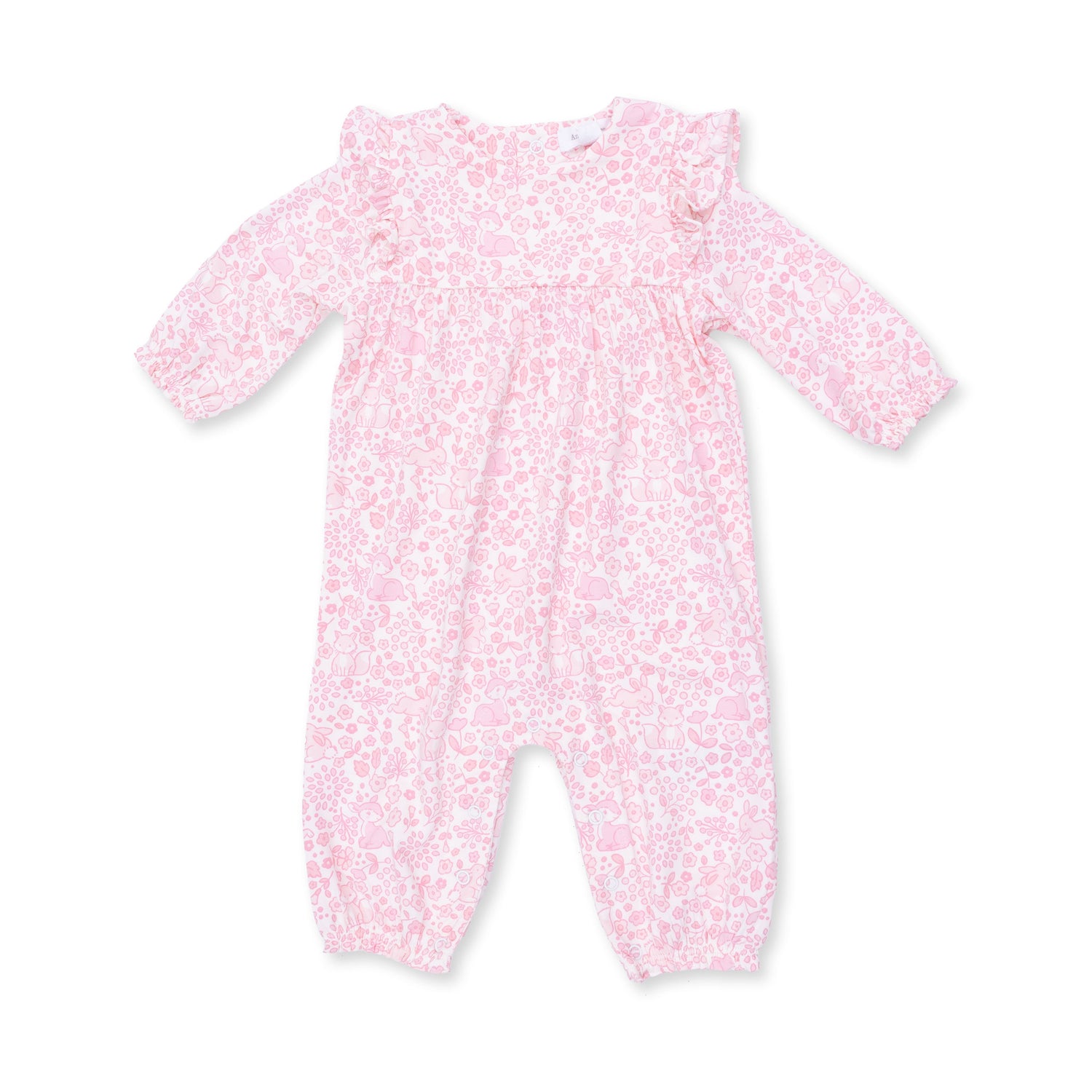 Baby romper with woodland animal print, ruffle sleeves, and snap closures at the legs