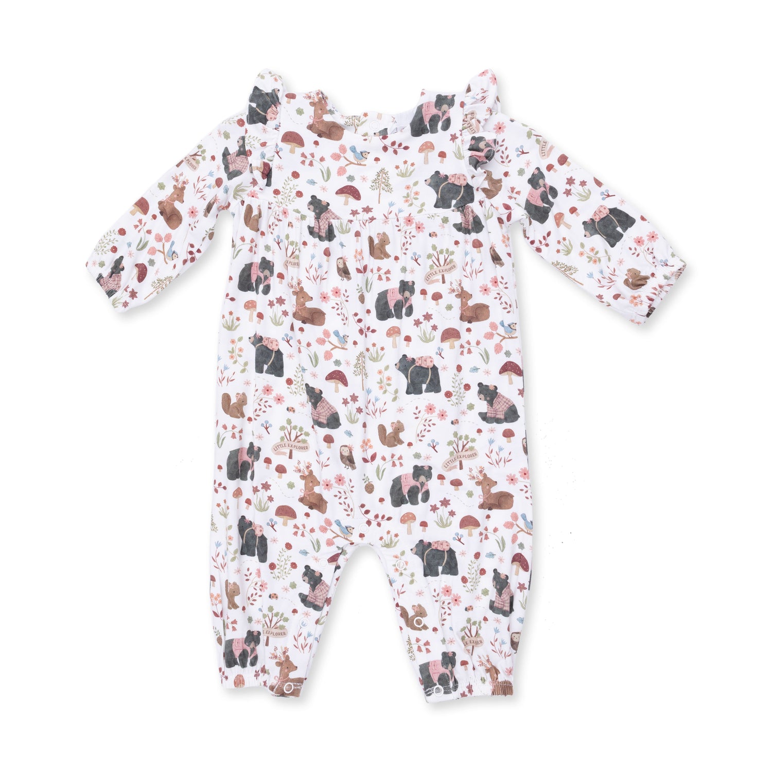 Southern Woodland Animals Pink - Ruffle Sleeve Snap Romper